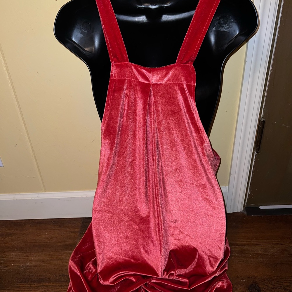 Red Velvet Wide-Leg Chic Boho Bib Jumpsuit Overalls With Silver Buttons Size L - Picture 8 of 13